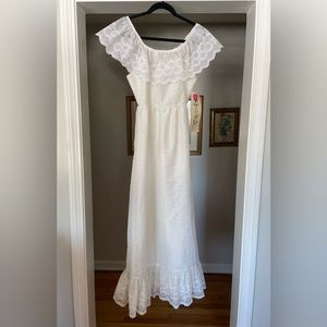 1970s NWT Peggy Barker White Eyelet Prairie Maxi Dress W Lace Trim